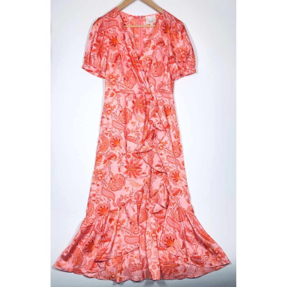5a7 Cinq a Sept Kay Midi Dress Size 2 Pink Orange Floral Ruffle Faux Wrap Party